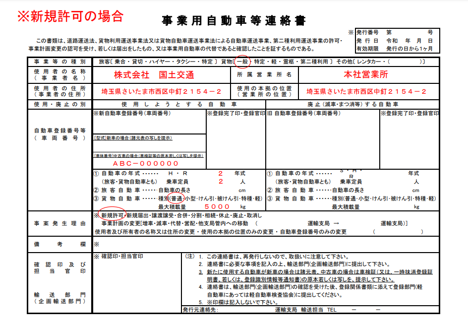 事業用自動車等連絡書の書き方